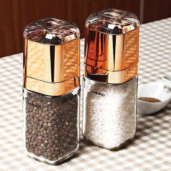 1x Salt Pepper Grinder Mill 180ml Glass Design Rose Gold Bottle Manual Hand