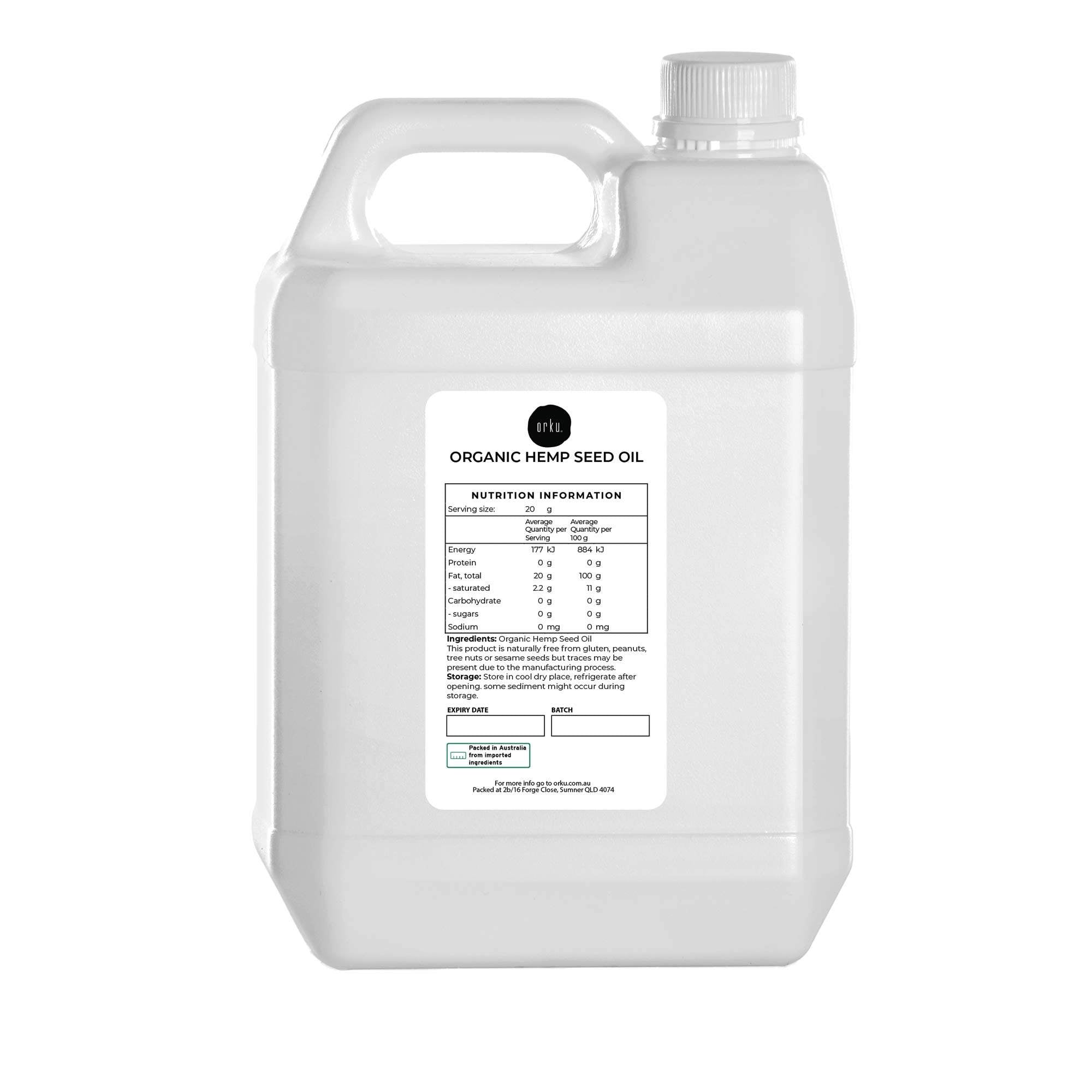 Orku 5L Organic Hemp Seed Oil - Cold Pressed Food Grade Oils