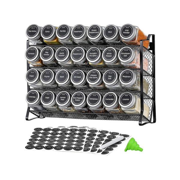 4 Tier Metal Spice Rack + 28 Glass Jars - Kitchen Pantry Herb Storage Organiser