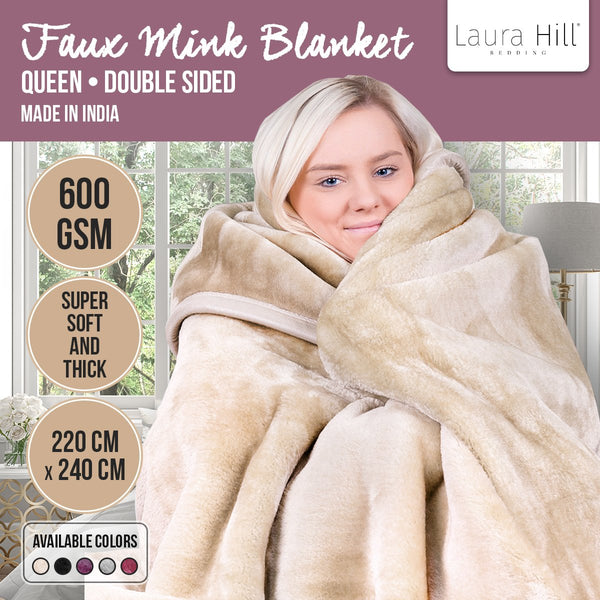 Laura Hill Double Sided 220 x 240cm Faux Mink Throw Rug Blanket 600gsm Beige