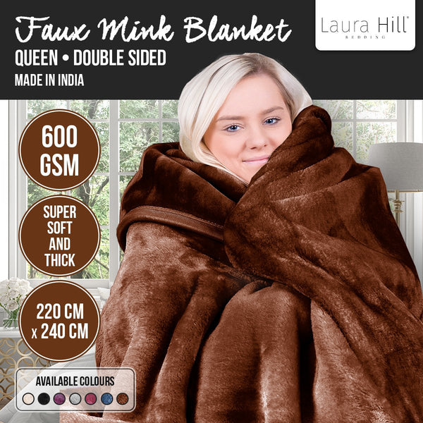 Laura Hill Double Sided 220 x 240cm Faux Mink Throw Rug Blanket 600gsm Brown