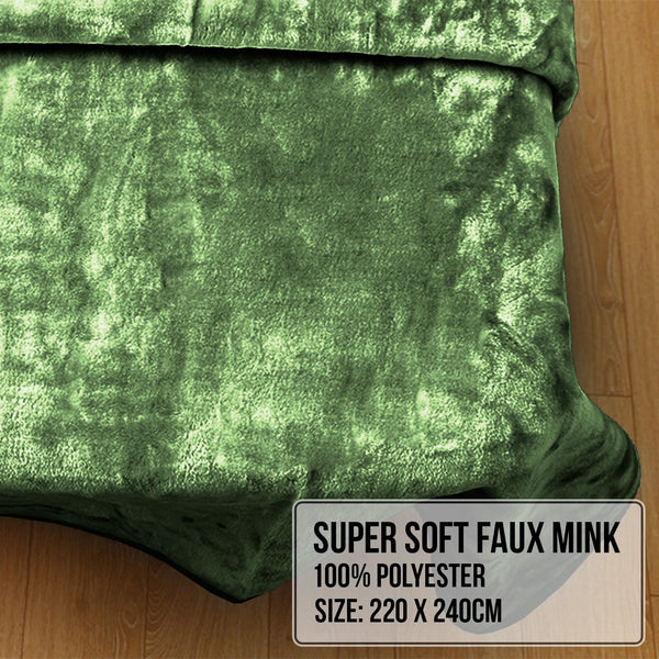 Laura Hill Double Sided Faux Mink Throw Rug Blanket 600gsm Green Queen