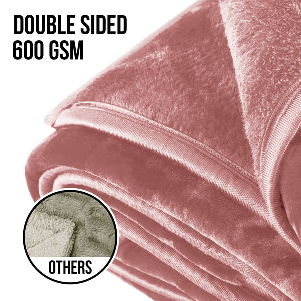 Laura Hill Double Sided Faux Mink Throw Rug Blanket 600gsm Pink Queen