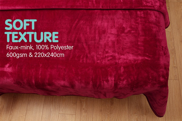 Laura Hill Double Sided 220 x 240cm Faux Mink Throw Rug Blanket 600gsm Red
