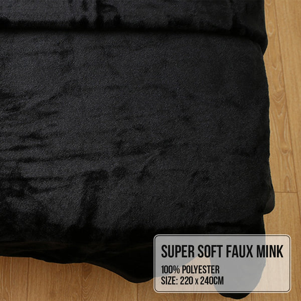 Laura Hill Double Sided 220 x 240cm Faux Mink Throw Rug Blanket 800gsm Black