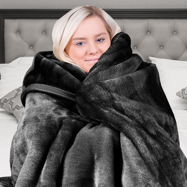 Laura Hill Double Sided 220 x 240cm Faux Mink Throw Rug Blanket 800gsm Black