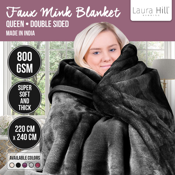 Laura Hill Double Sided 220 x 240cm Faux Mink Throw Rug Blanket 800gsm Black