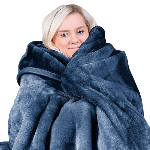 Laura Hill Double Sided 220 x 240cm Faux Mink Throw Rug Blanket 800gsm Blue