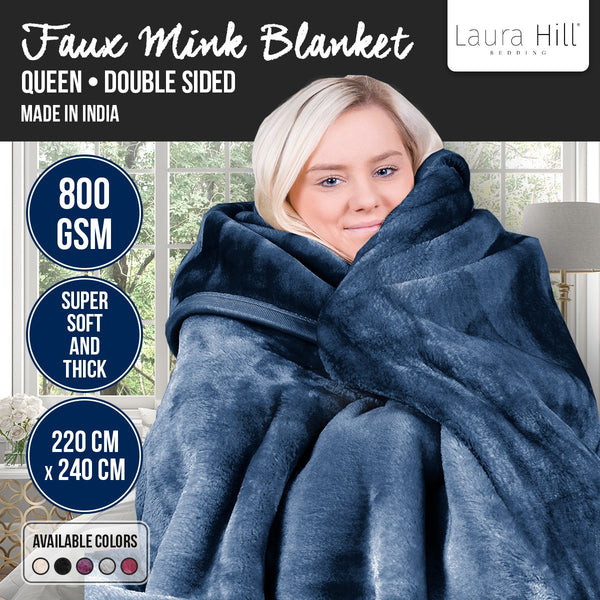 Laura Hill Double Sided 220 x 240cm Faux Mink Throw Rug Blanket 800gsm Blue