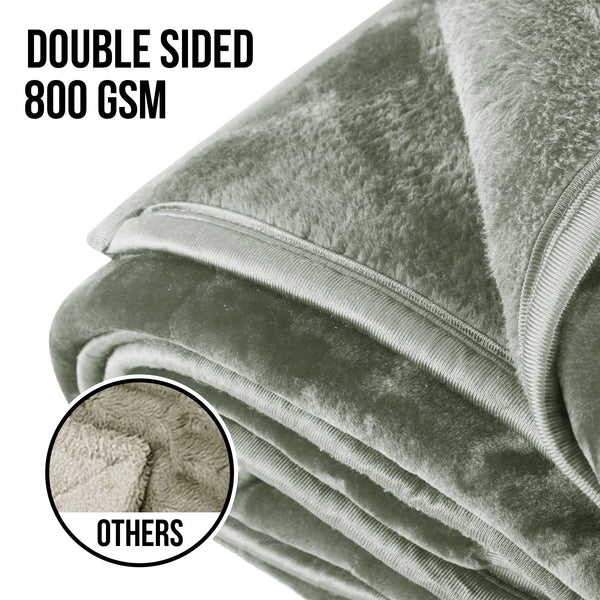 Laura Hill Double Sided Faux Mink Throw Rug Blanket 600gsm Sage Green Queen