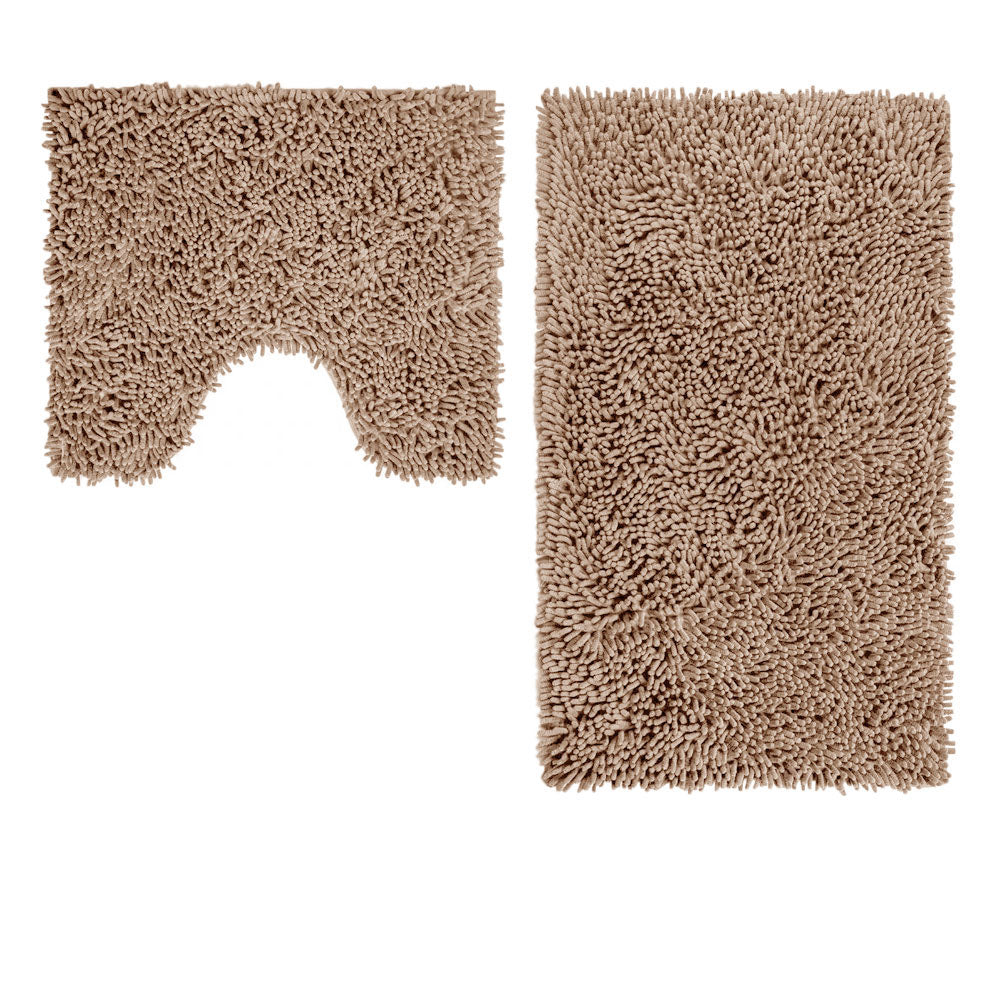 2 Pce Shaggy Toggle Cotton Toilet Pedestal Bath Mat Set Mocha Brown