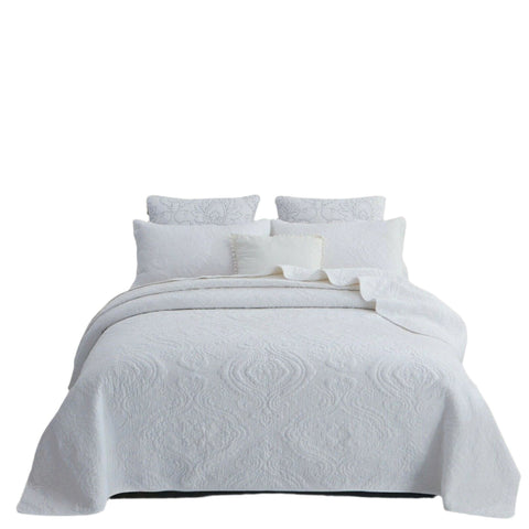 Textured Damask Cotton Quilted Bedspread Coverlet Set White King