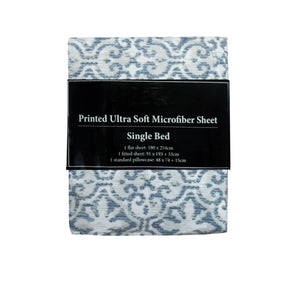 Printed Microfibre Flat Fitted Sheet Set Silver Imperial Single