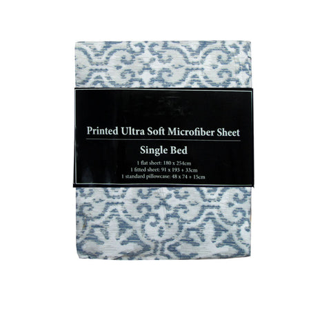 Printed Microfibre Flat Fitted Sheet Set Silver Imperial Single