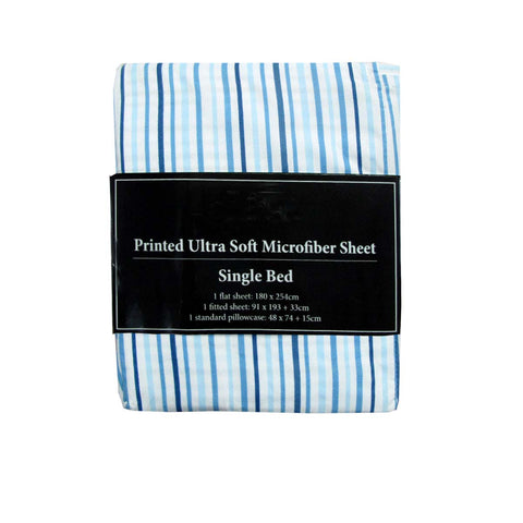 Printed Microfibre Flat Fitted Sheet Set Blue Single