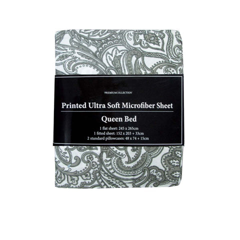 Printed Microfibre Flat Fitted Sheet Set Grey Paisley Single