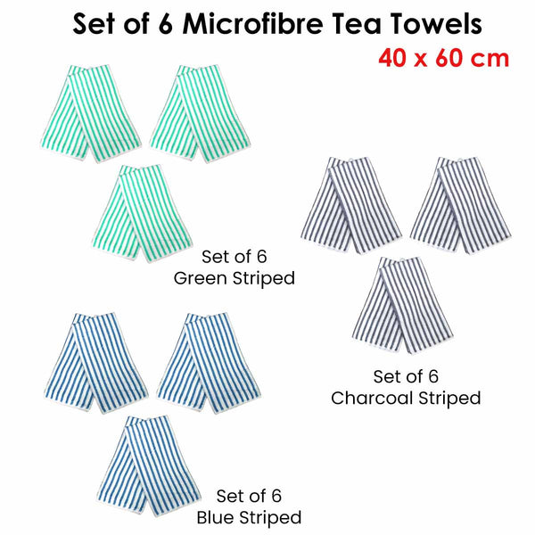Set of 6 Microfibre Striped Tea Towels 40 x 60cm Charcoal Grey