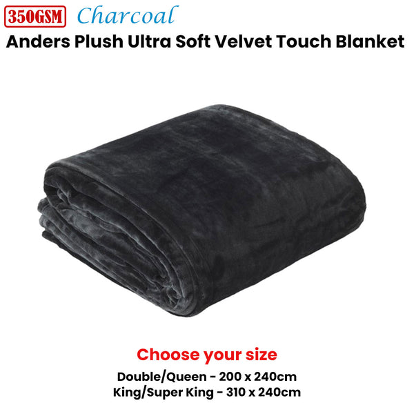 In 2 Linen 350GSM Velvet Touch Blanket Throw Rug Charcoal Double / Queen