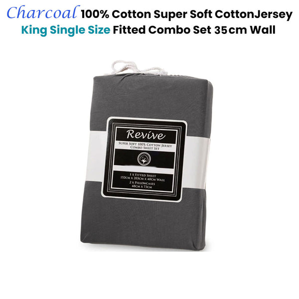 Revive Cotton Jersey Fitted Sheet Set 35cm Wall Charcoal Grey King Single