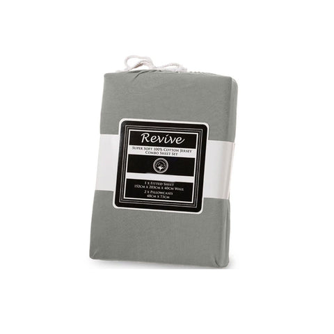 Revive Cotton Jersey Fitted Sheet Set 35cm Wall Silver Grey King Single