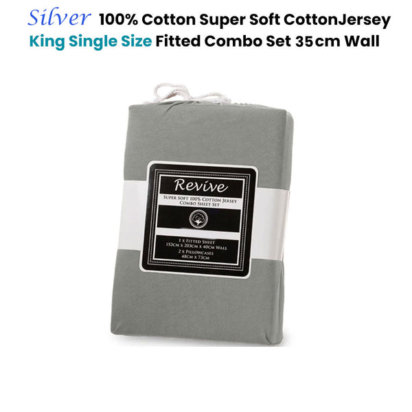 Revive Cotton Jersey Fitted Sheet Set 35cm Wall Silver Grey King Single