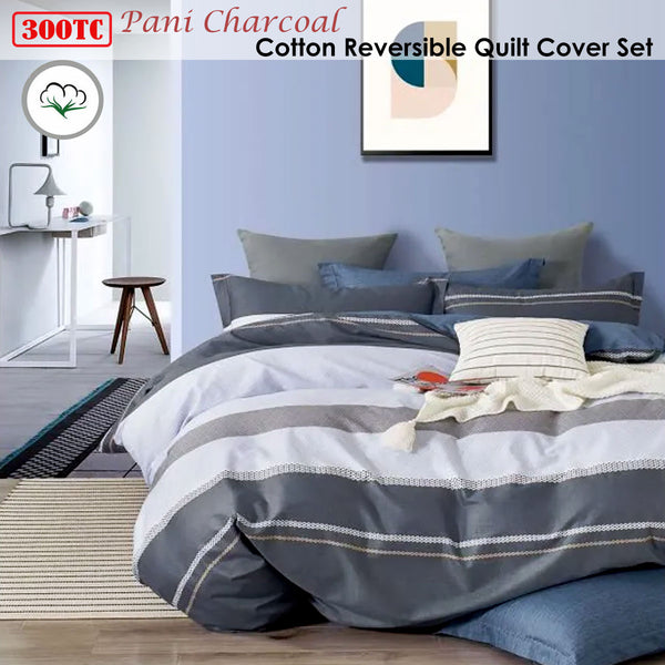 Artex Pani 300TC Cotton Striped Reversible Quilt Doona Duvet Cover Grey King