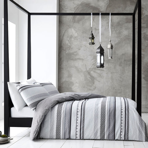 Gabrielle Tribal Striped Quilt Doona Duvet Cover Set Grey Queen
