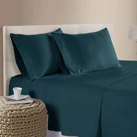 Cotton Sateen 400TC Flat Fitted Sheet Pillowcase Set 40cm Wall Dark Teal Queen