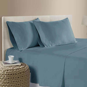 Cotton Sateen 400TC Flat Fitted Sheet Pillowcase Set 40cm Wall Dusk Blue Queen