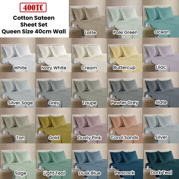 Cotton Sateen 400TC Flat Fitted Sheet Pillowcase Set 40cm Wall Dusk Blue Queen