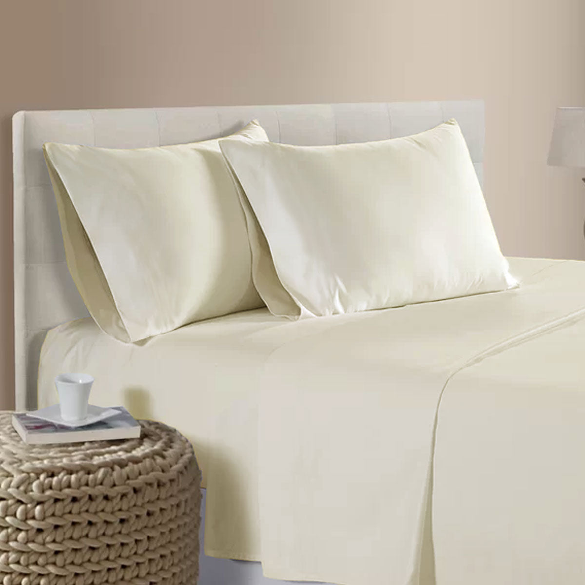 Artex 400TC Bamboo Cotton Flat Fitted Sheet Set 40cm Wall Cream Queen