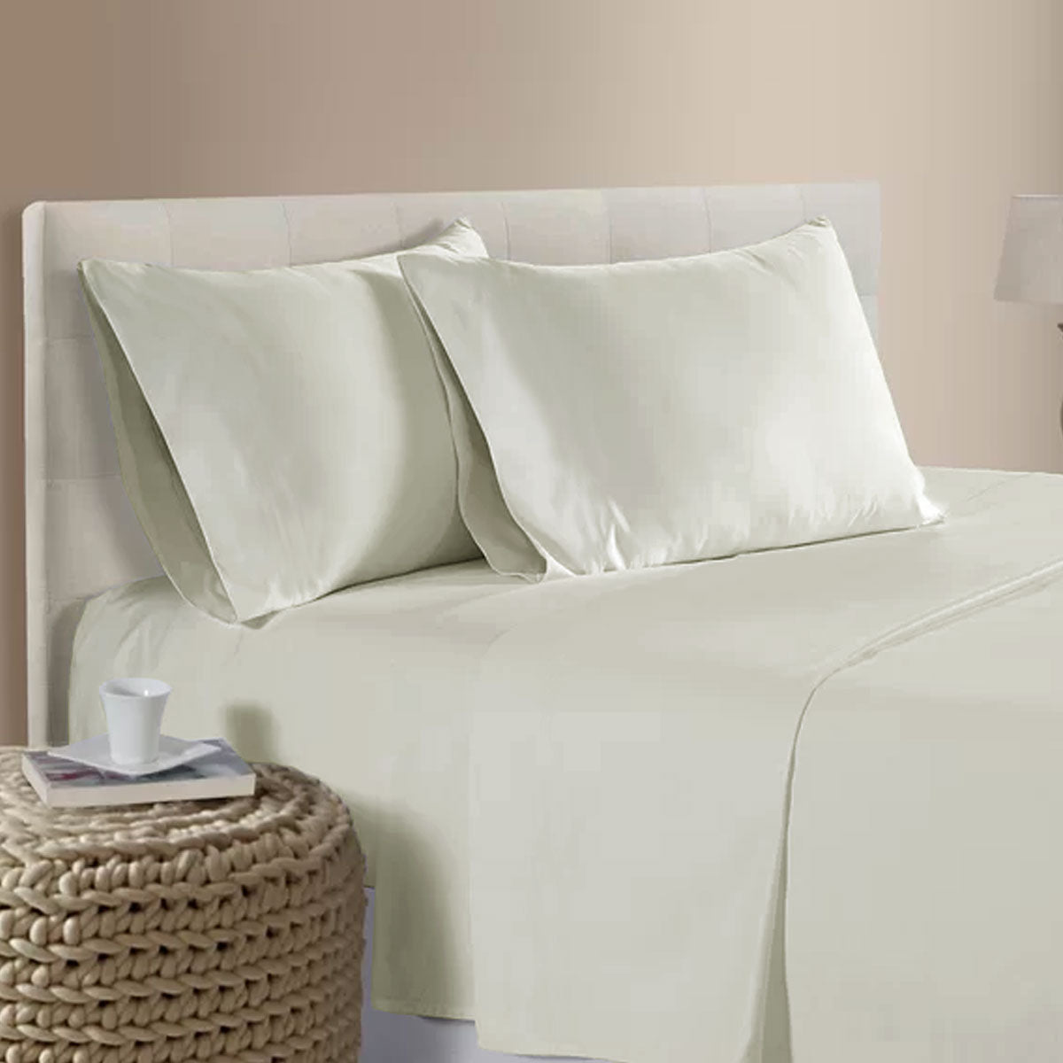 Artex 400TC Bamboo Cotton Flat Fitted Sheet Set 40cm Wall Ivory Queen