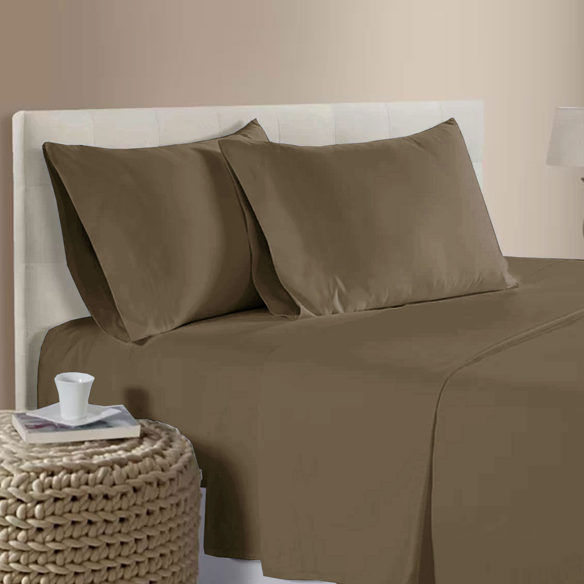 Artex 400TC Bamboo Cotton Flat Fitted Sheet Set 40cm Wall Latte Brown Queen