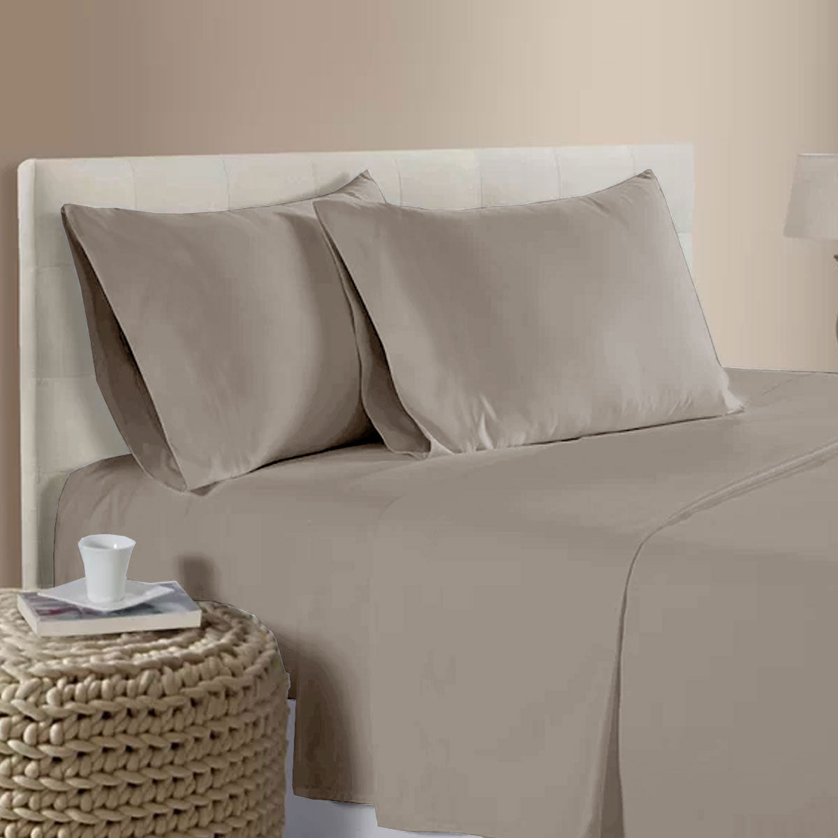 Artex 400TC Bamboo Cotton Flat Fitted Sheet Set 40cm Wall Tan Queen