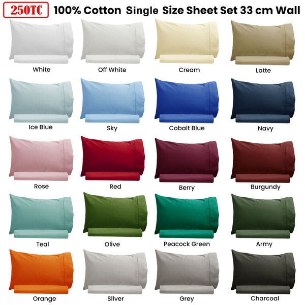 Artex 250TC Cotton Flat fitted Sheet Set Single Sky