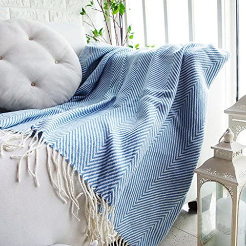 Atlantis Chevron Herringbone Knitted Throw Rug Blanket 127 x 152cm Blue
