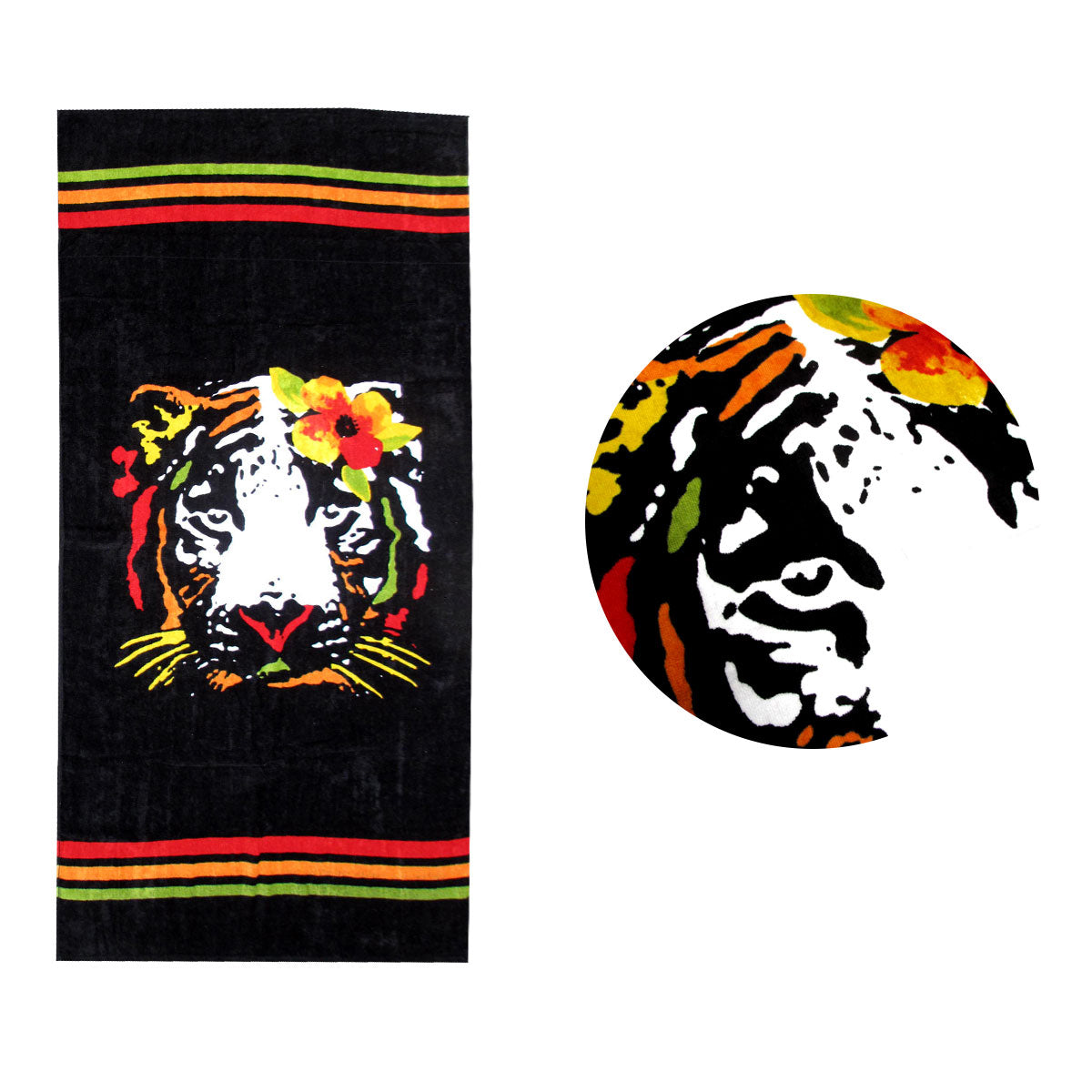 Flor de la Mar Tiger Head Black Cotton Beach Towel 70 x 145cm