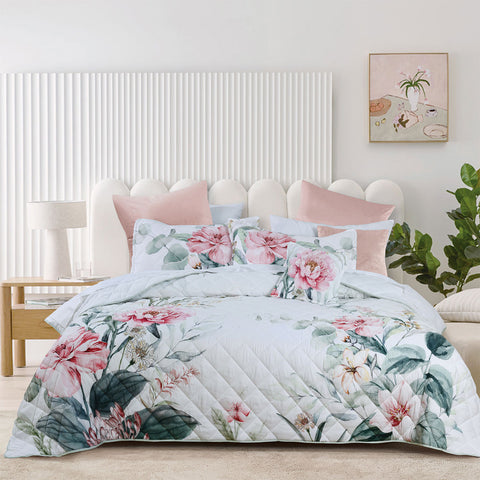 Bianca Coleraine Floral Printed Bedspread Comfoter Coverlet White Double