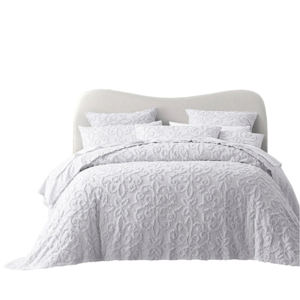 Bianca Ella Floral Cotton Chenille Bedspread Comforter Coverlet White Double