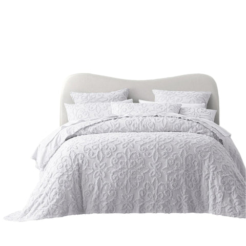 Bianca Ella Floral Cotton Chenille Bedspread Comforter Coverlet White Super King
