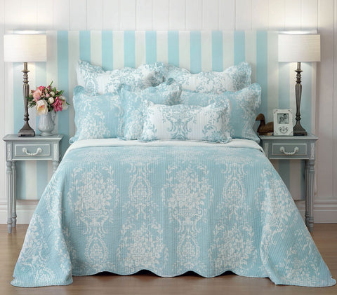 Bianca Florence Floral Damask Bedspread Comforter Coverlet Blue White King