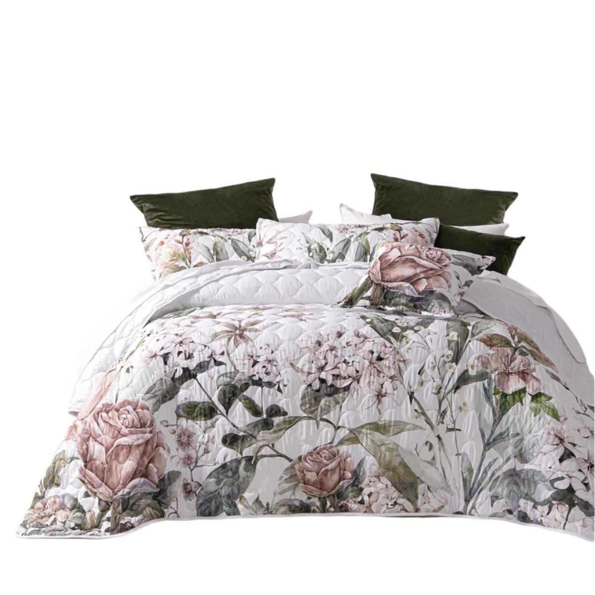 Bianca Lorna Floral Quilted Bedspread Comforter Coverlet White Double