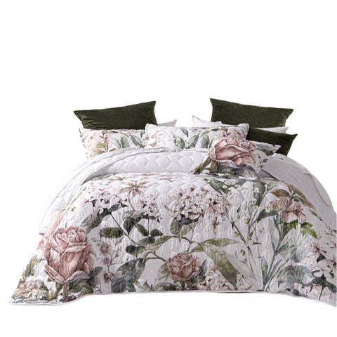 Bianca Lorna Floral Quilted Bedspread Comforter Coverlet White Double