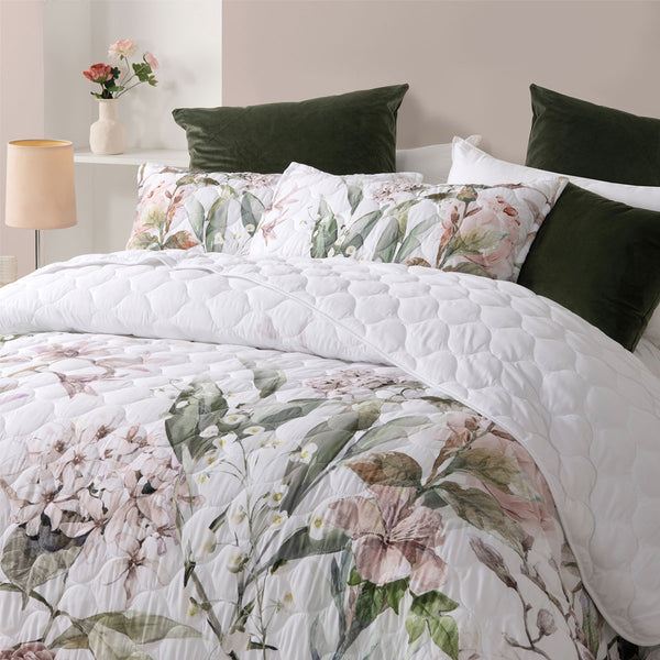 Bianca Lorna Floral Quilted Bedspread Comforter Coverlet White Double