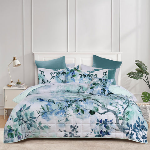 Bianca Woodbury Botanical Printed Bedspread Comforter Coverlet Blue King