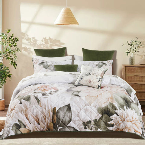 Bianca Giselle Floral Quilted Bedspread Comforter Coverlet White Super King