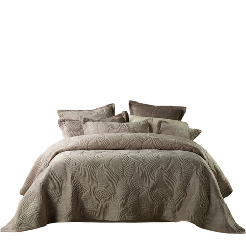 Bianca Kairo Leaf Velvet Bedspread Comforter Coverlet Taupe Queen / King