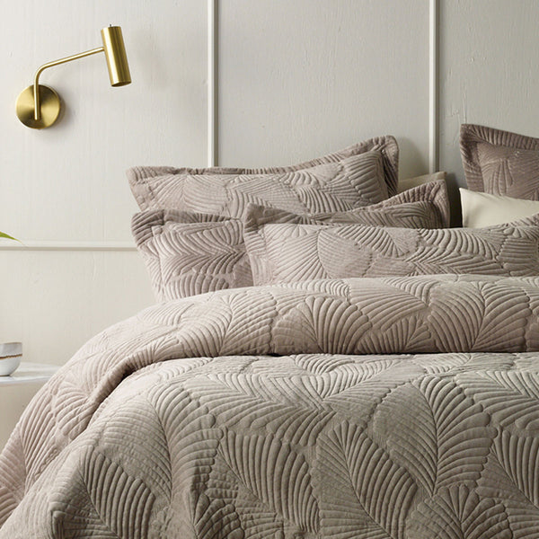 Bianca Kairo Leaf Velvet Bedspread Comforter Coverlet Taupe Queen / King