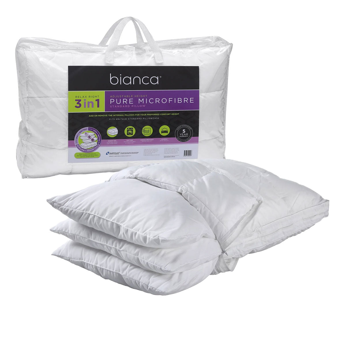 Bianca 1150g Relax Right Pure Microfibre Height Adjustable Standard Pillow 49 x 72cm