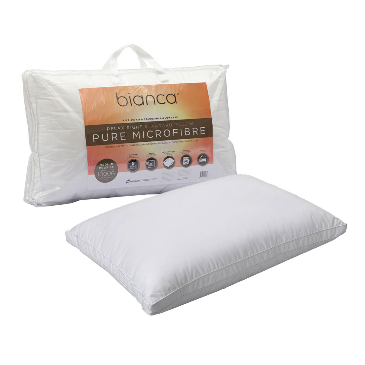 Bianca 1000g Relax Right Pure Microfibre Medium Profile Standard Pillow 49 x 72cm